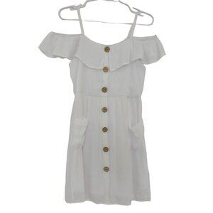 Vintage, Beautees, White Off-Shoulder Dress With Wooden Buttons & Pockets.